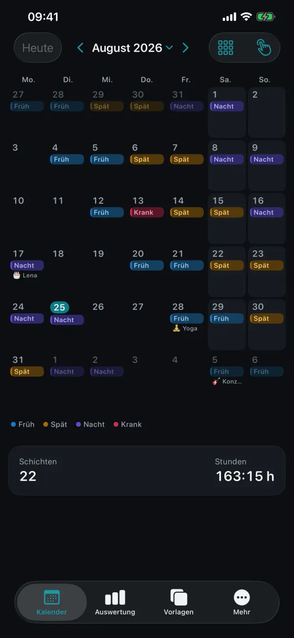 Monatskalender von ShiftPlanner mit farbigen Früh-, Spät- und Nachtschichten, darunter 22 Schichten und 163:15 Stunden