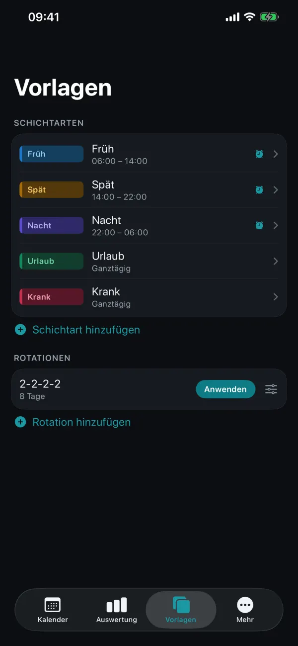 Vorlagen mit den Schichtarten Früh, Spät, Nacht, Urlaub, Krank und der Rotation 2-2-2-2
