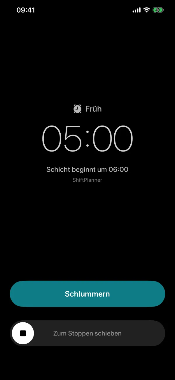 Weckbildschirm 05:00 für die Frühschicht mit Schlummern und Stoppen
