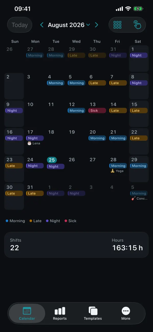 ShiftPlanner monthly calendar with colored early, late and night shifts, showing 22 shifts and 163:15 hours below