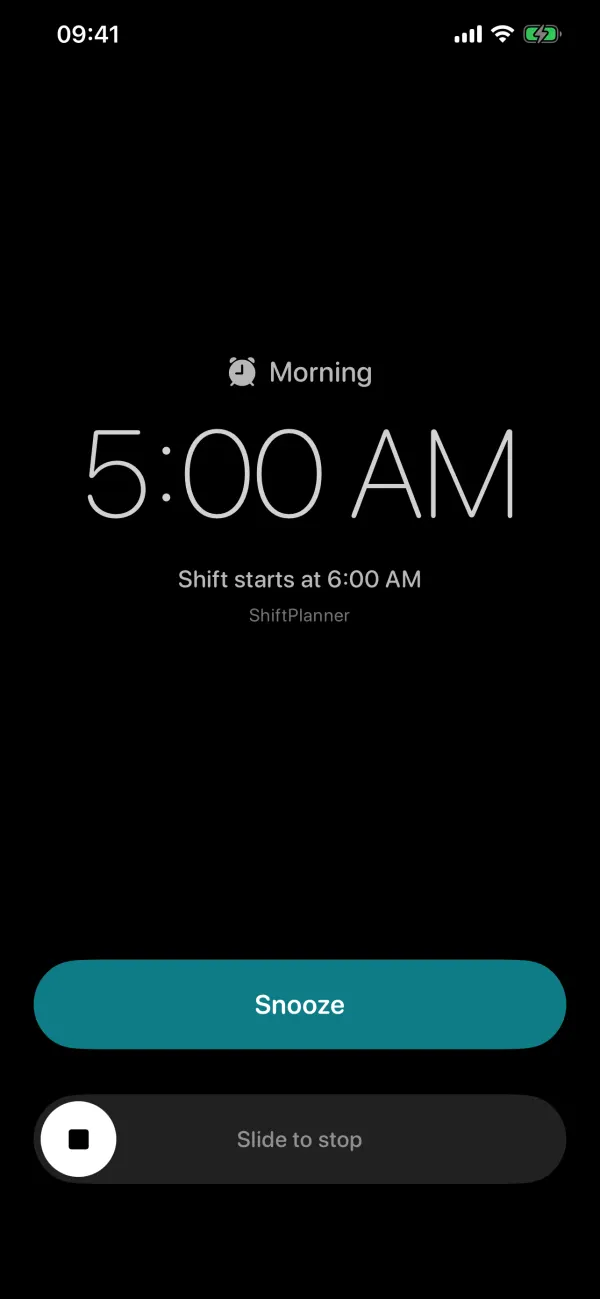 Alarm screen at 05:00 for the early shift with snooze and stop