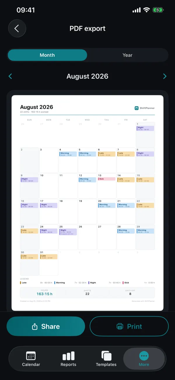 PDF export of the month of August as a calendar sheet with all shifts