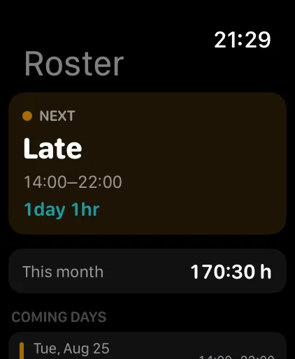 Apple Watch showing the next shift